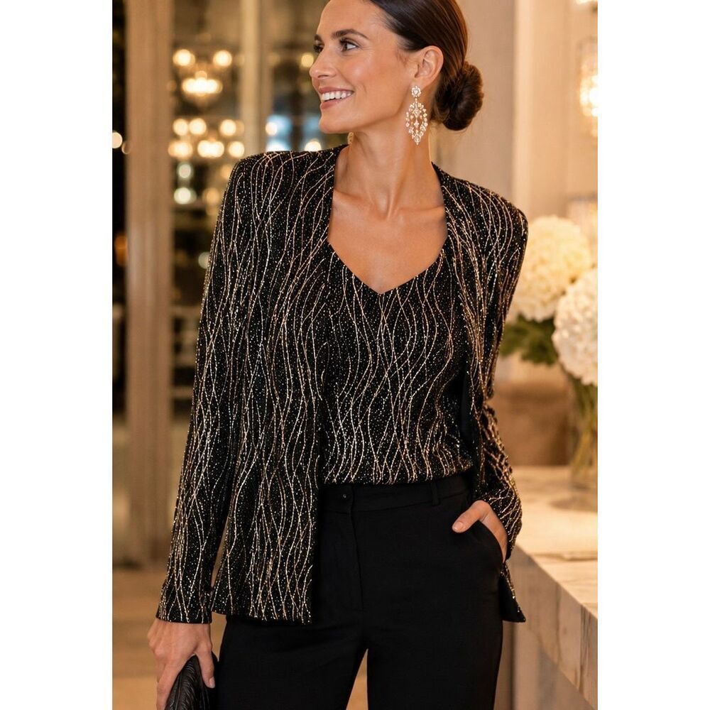 Vintage Ronni Nicole Evenings Sz L Black & Gold Metallic 2-Piece Jacket & Shell